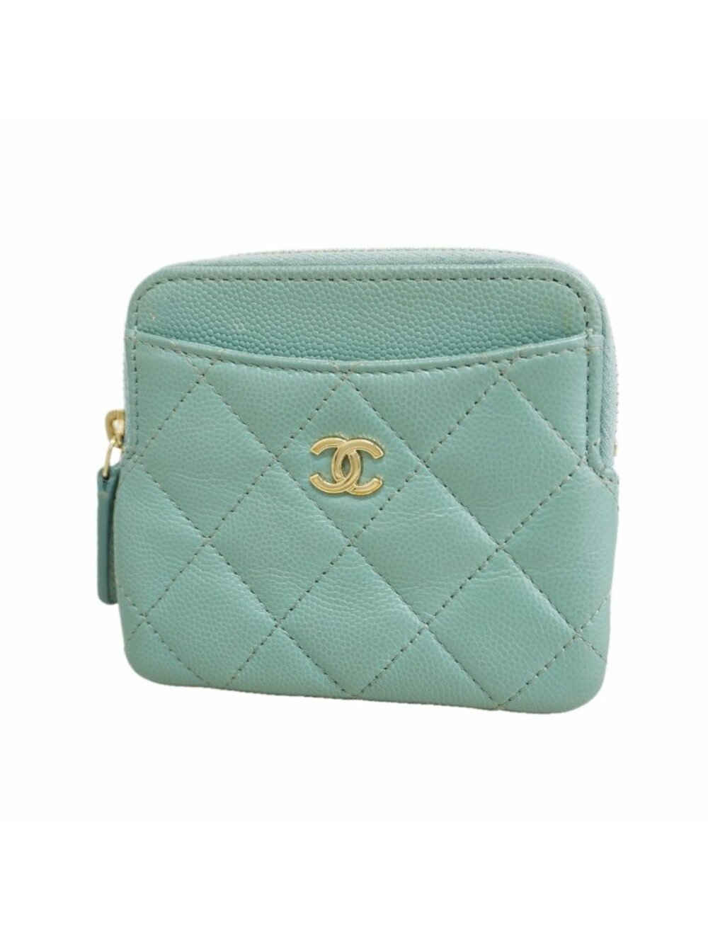 Chanel Coin Purse Quilted Caviar Leather Celadon Green Champagne Gold